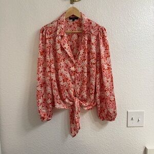 Eclair Blouse Floral Tie Front Button Down Satin Long Sleeve Red Pink Size Large